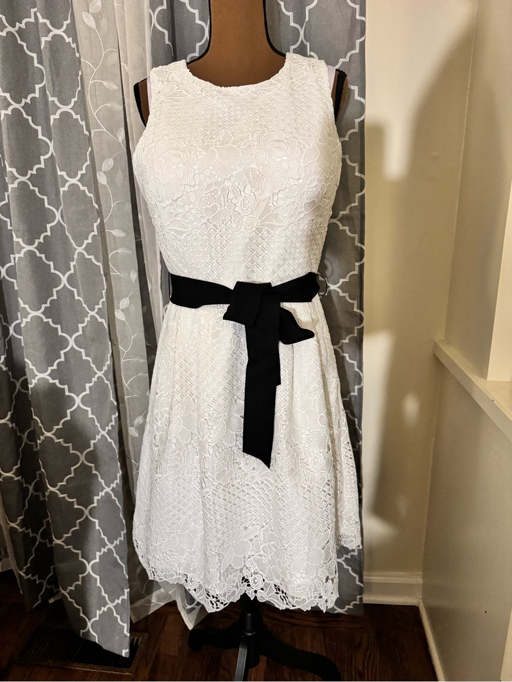 White House Black Market White Lace knee length Dress with Black Sash